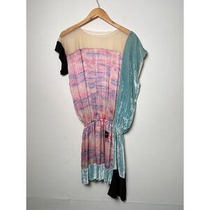 Venera Arapu Silk Velvet Mixed Media Abstract Mini Dress Size 38 Pink Blue Mesh